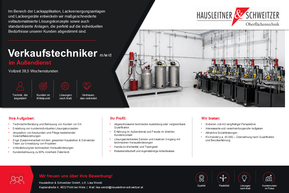 Stellenangebot Verkaufstechniker im Außendienst bei Hausleitner & Schweitzer